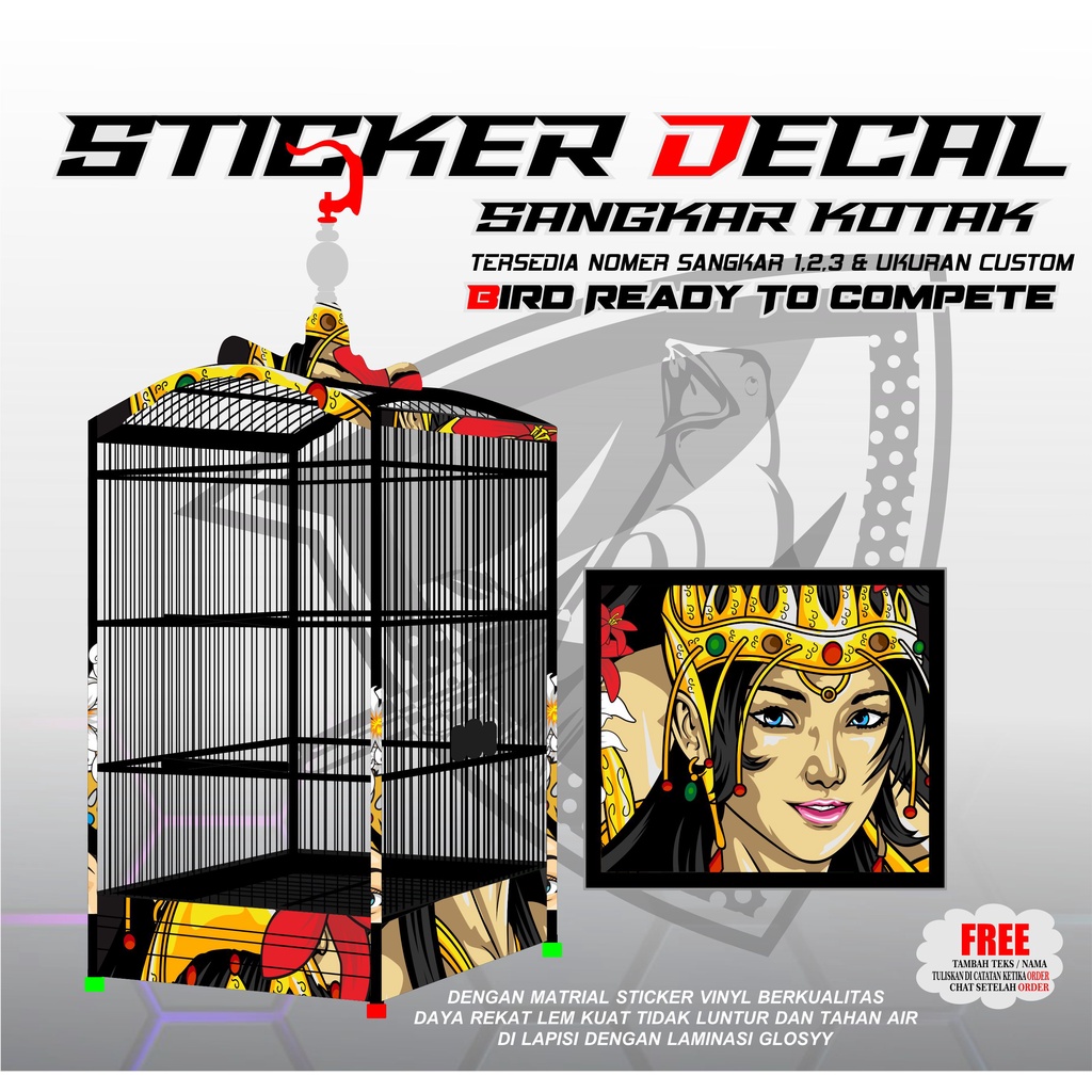 STICKER DECAL SANGKAR BURUNG KOTAK TEBOK EBOD NOMER 1,2,3 GAMBAR RATU MAHKOTA