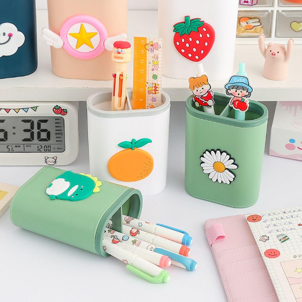 Lanfy Pen Pot Plastik Multifungsi Desktop Kotak Penyimpanan Alat Tulis Siswa Dua Lubang Tempat Penyimpanan