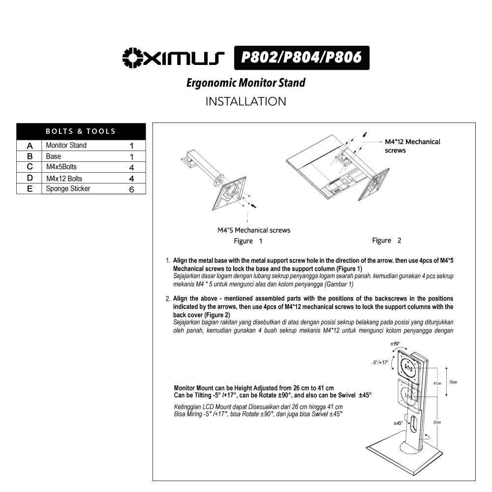 Bracket LCD LED Monitor Ergonomic Stand Oximus P802 HAS Rotate Swivel