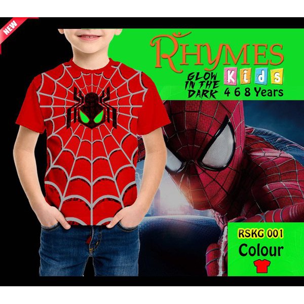 Baju Kaos Tshirt Anak Laki-Laki Superhero Spiderman Red Glow In The Dark RSKG001 Import