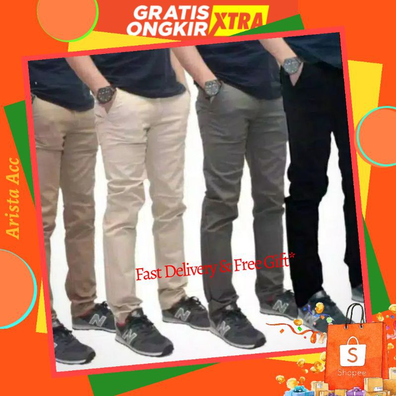 Celana Pria Chino Pants Kantor Polos Big Size Bigsize Stretch Hitam Putih Cell