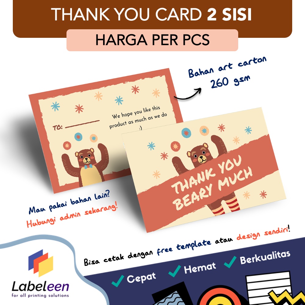 [2 SISI] CETAK THANK YOU CARD CUSTOM MURAH/ KARTU UNDANGAN/ SOUVENIR/ ULTAH/ WEDDING/ UCAPAN | HARGA