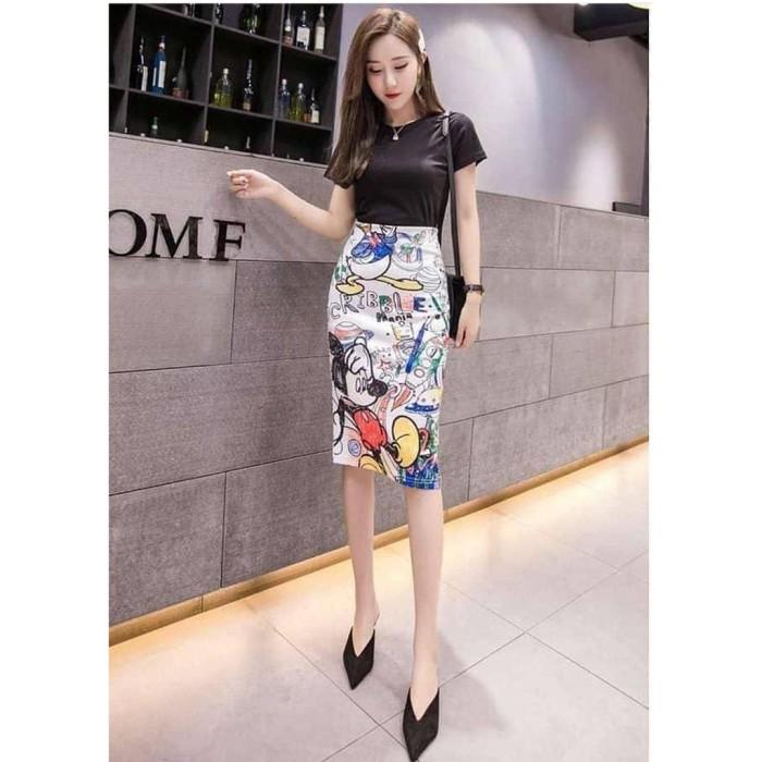 Rok | Ts 4 - Rok Midi Span Pensil Motif Print Import