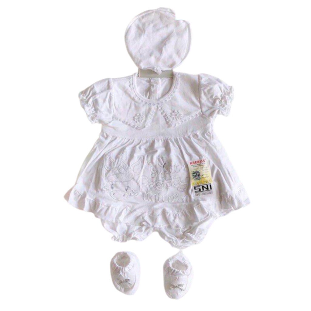 1 STEL DRESS BAYI - BAJU BAYI DRESS - BAJU BAYI PEREMPUAN 1 STEL LENGKAP DENGAN SEPATU DAN TOPI / BANDANA