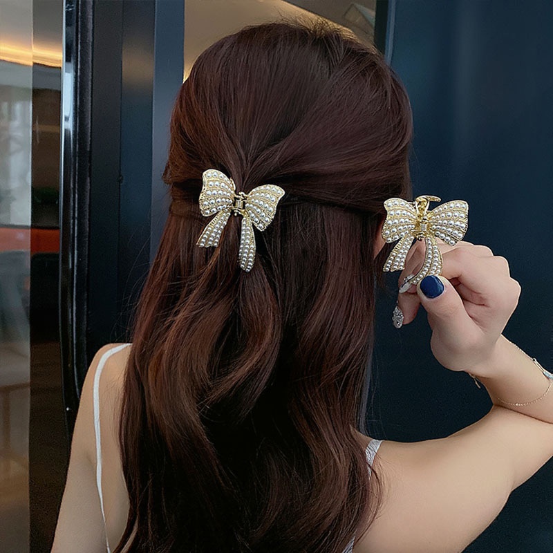 COD❤️Jepit Rambut Bentuk Pita Bahan Alloy Aksen Mutiara Dan Berlian Imitasi Untuk Wanita Kupu-kupu hairclip Pearl Butterfly Fashion Korea