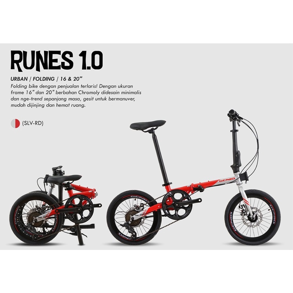 Sepeda Lipat Genio Runes 1.0 Chromoly Sensah 8 Speed Cakram 16 dan 20 inch SNI-Silver Red