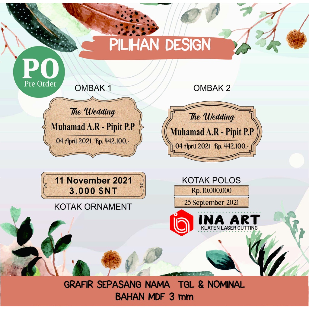 Kayu PLYWOOD / MDF grafir & laser cut CUSTOM NAMA / inisial / text /mahar / seserahan