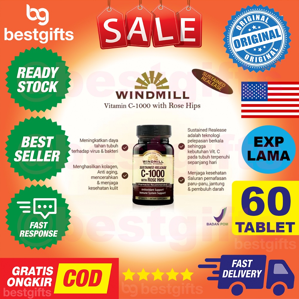 WINDMILL VITAMIN C 1000 MG SUSTAINED RELEASE WITH ROSE HIPS VIT C 1000MG ANTIOKSIDAN DAYA TAHAN TUBUH 60 TABLET