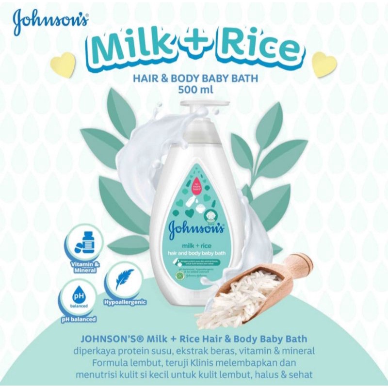 Johnsons Milk Rice Hair &amp; Body Baby Bath/Sabun Bayi 2in1 500ml pump/ Refill 400ml dan 200ml/Sabun Mandi Bayi