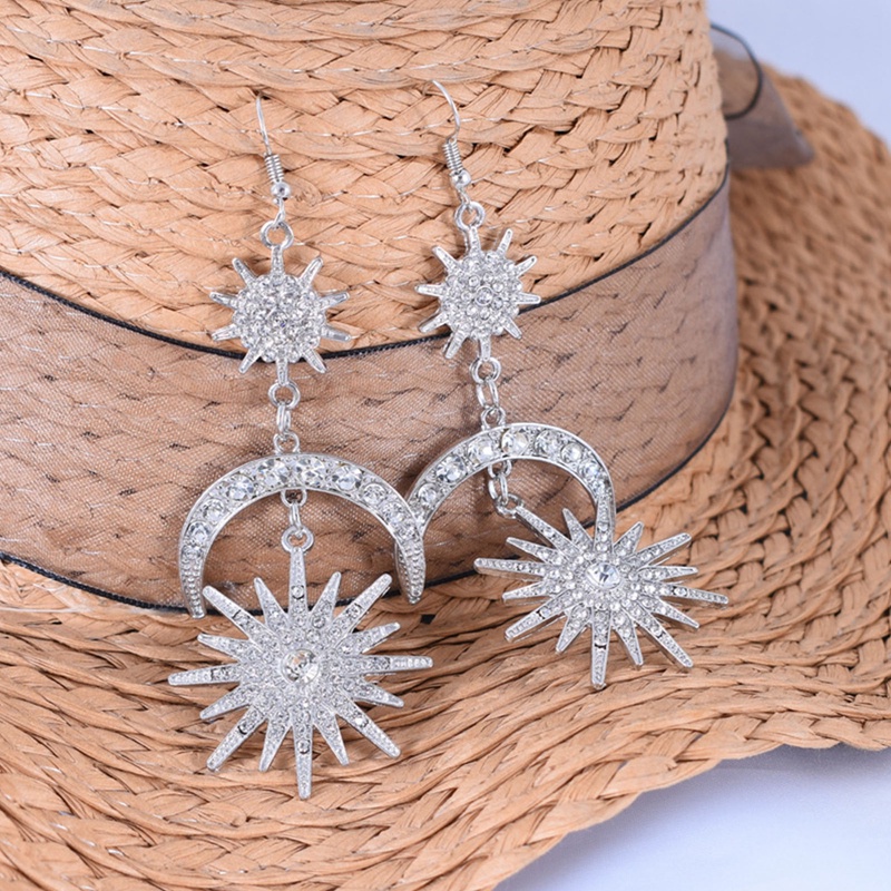 Anting Kristal Bentuk Matahari Bulan Bintang Warna Emas Perak Untuk Wanita