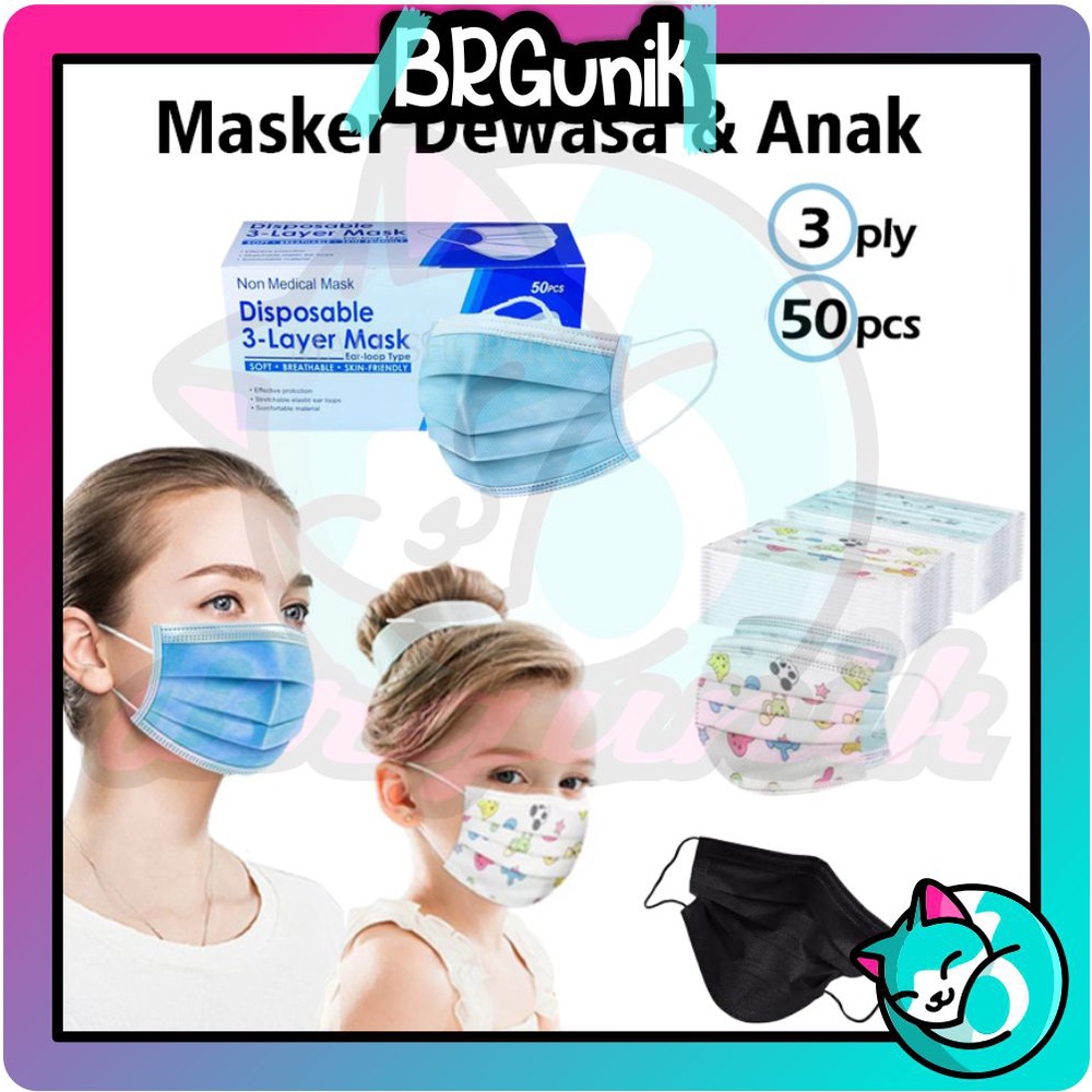 BRGUNIK Masker 3 ply 50pcs Earloop Masker Headloop Masker Hitam Dewasa Masker Anak Motif Karaker