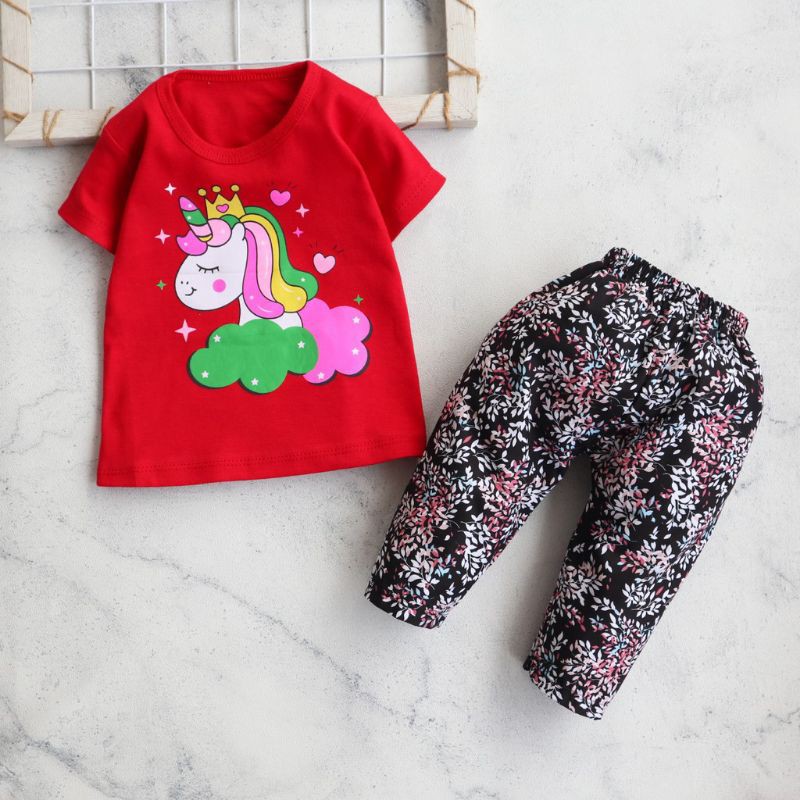 Setelan Baju Celana Anak Perempuan Usia 0-12 bulan Motif Crown Unicorn