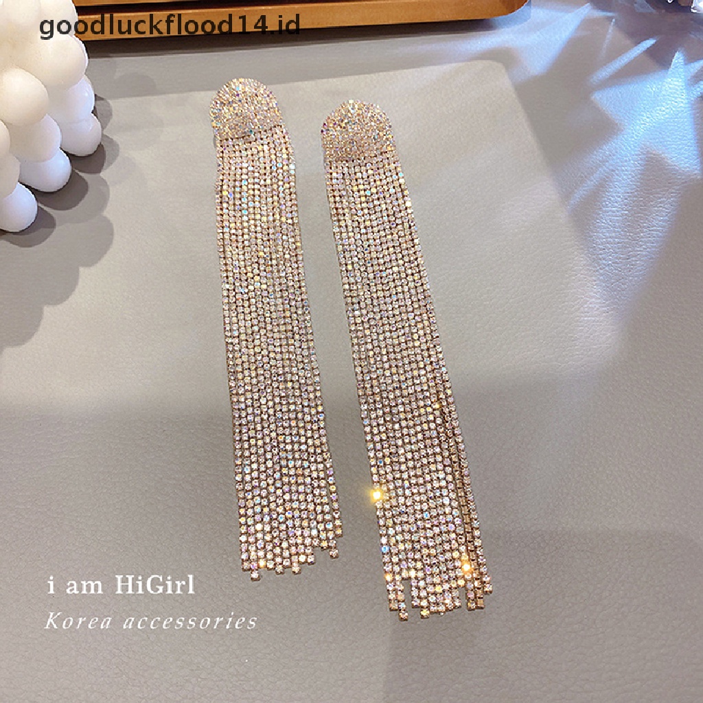 [OOID] Long Tassel Full Rhinestone Drop Earrings Ovsize Crystal Dangle ID