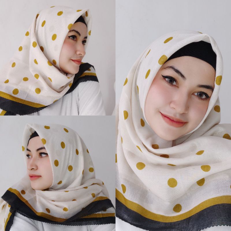 Kerudung vanilla hijab jilbab leopard love rantal polkadot / vanilla hijab segiempat voal motif vanilla chain / deenay kw button kw lasercut-Polkadot-kremkuning