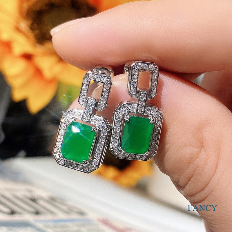 Anting Juntai Cubic Zirconia Bentuk Persegi Warna Hijau Untuk Wanita