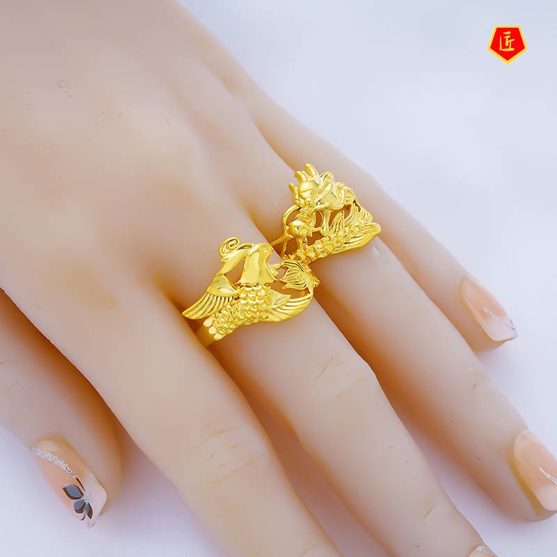 [Ready Stock]3D Golden Dragon and Phoenix Couple Ring Refined Grace