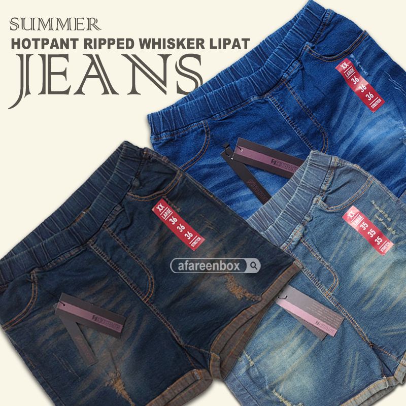 AFAREEN - Hotpant Jeans Ripped Whisker Stretch/ Melar Celana Pendek Jeans Wanita Korean Style Big Size Jumbo size 35-42