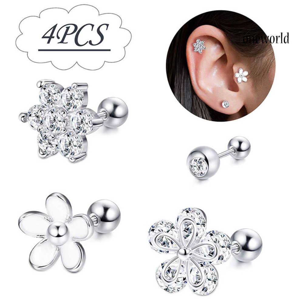 OW# 4Pcs/Set Women Cubic Zirconia Flower Ear Studs Earrings Piercing Helix Jewelry