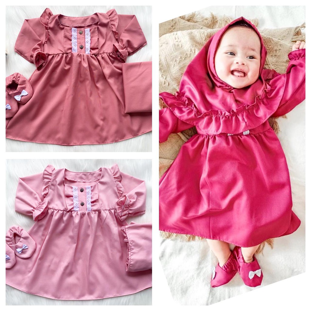 dress muslim balita gamis anak perempuan balita baby bayi arina gamis set (free sepatu dan hijab)