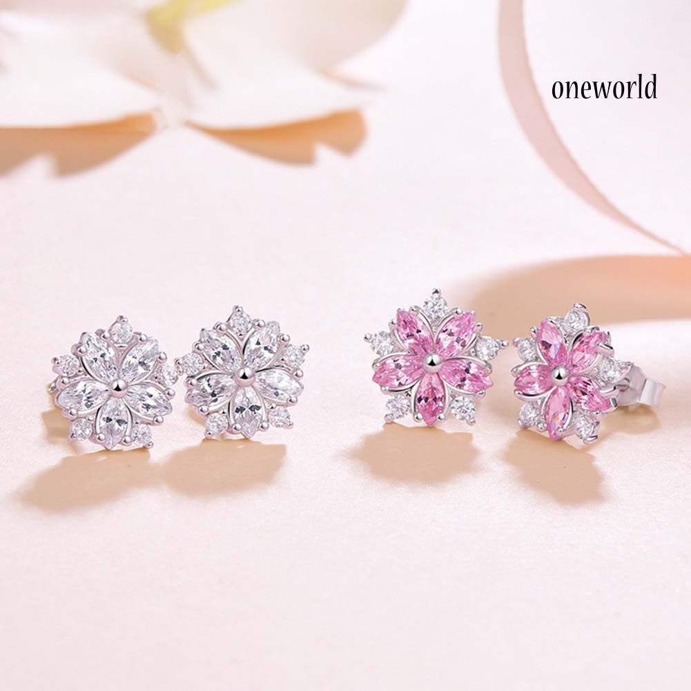 OW# Women Rhinestone Inlaid Sakura Flower Ear Stud Earrings Wedding Jewelry Gift