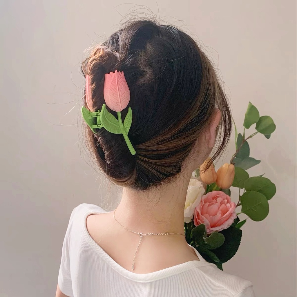 Jepit Rambut Bentuk Bunga Tulip Warna Pink Bahan Alloy Untuk Wanita