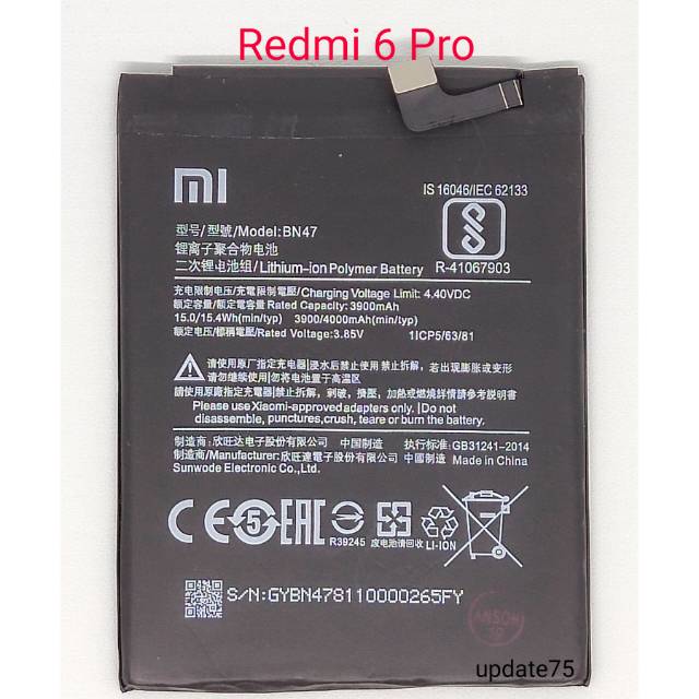 Baterai Xiaomi Redmi 6 pro Mi A2 Lite BN47 original