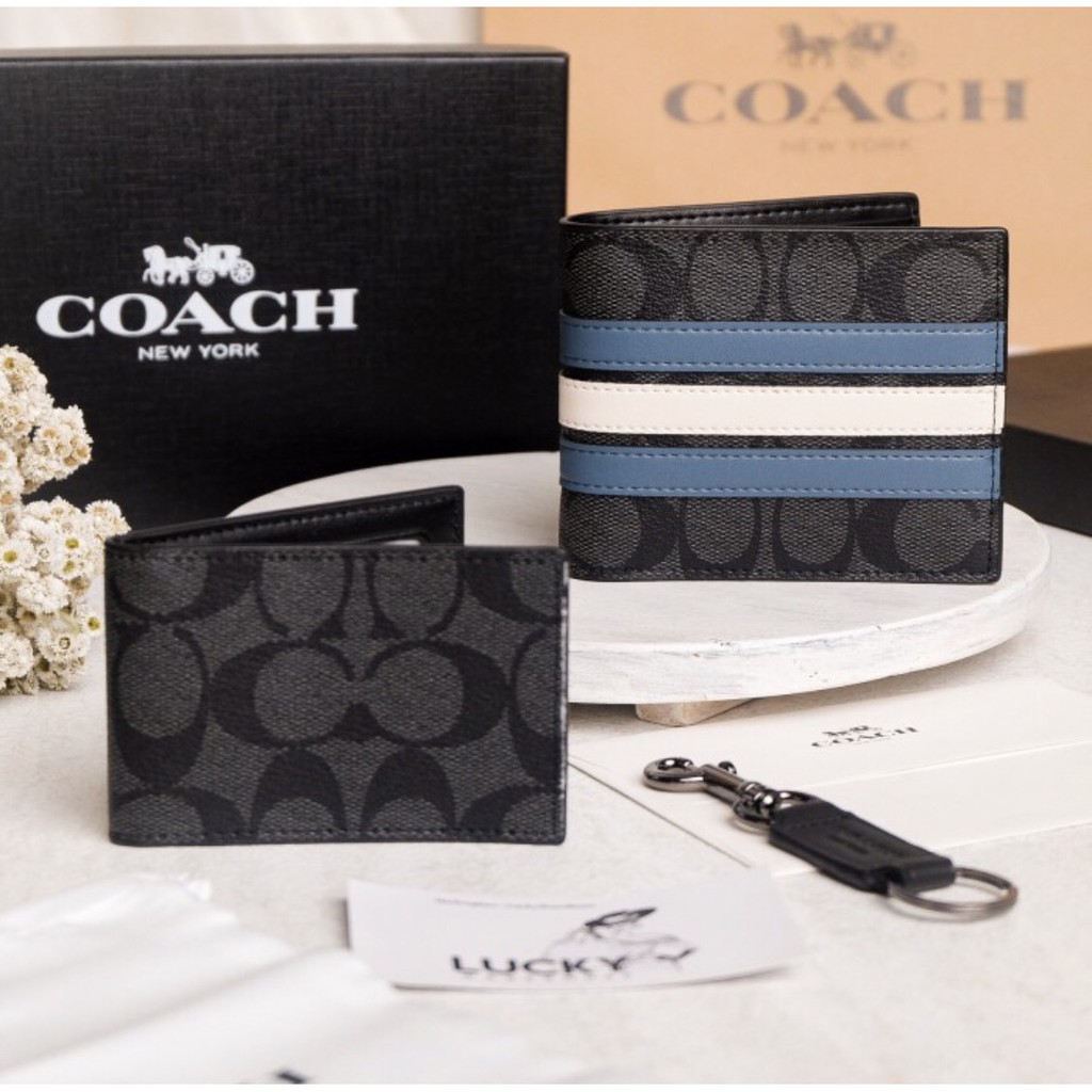 Coach Men 3 In 1 Signature Varsity Leather Wallet Midnight Navy