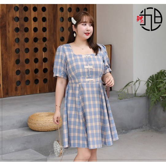 Big Size Jumbo Vintage Knot Plaid Dress 7209