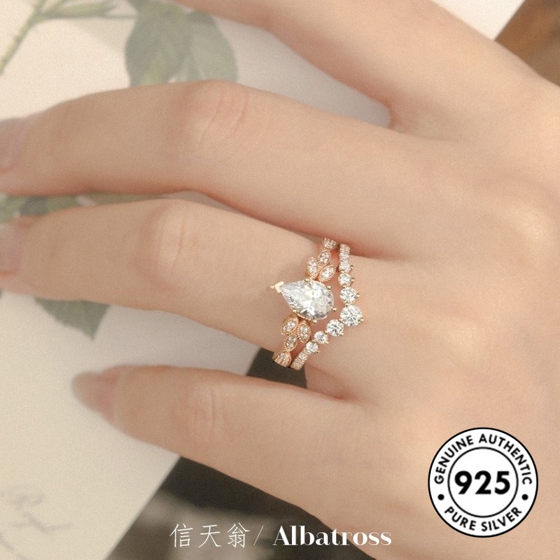 Cincin S925 Silver Bentuk Water Drop Pear Aksen Berlian