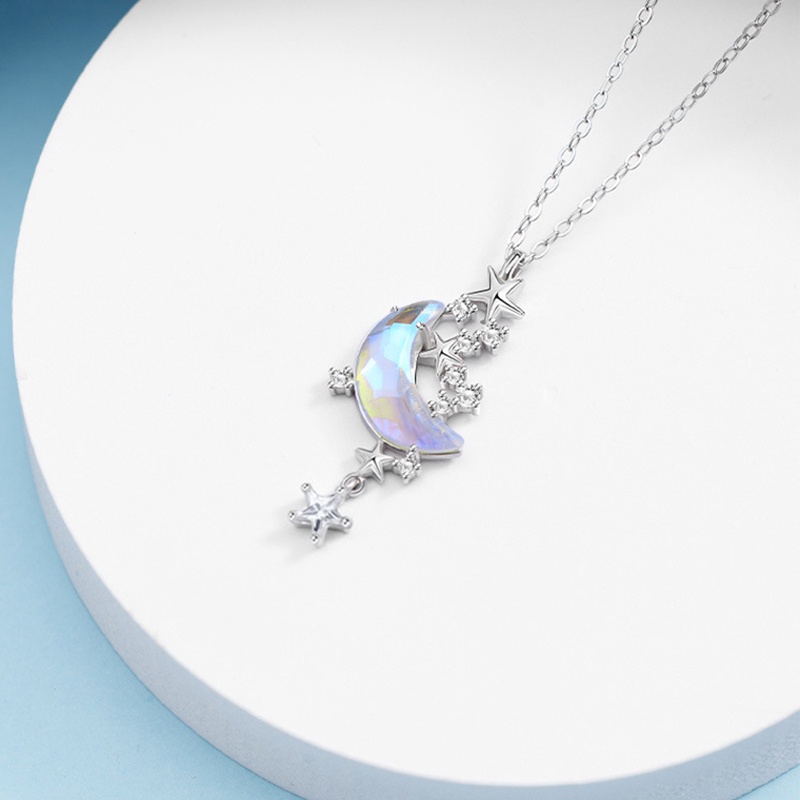 Kalung Rantai Liontin Bulan Bintang Aksen Kristal Warna-Warni Untuk Wanita