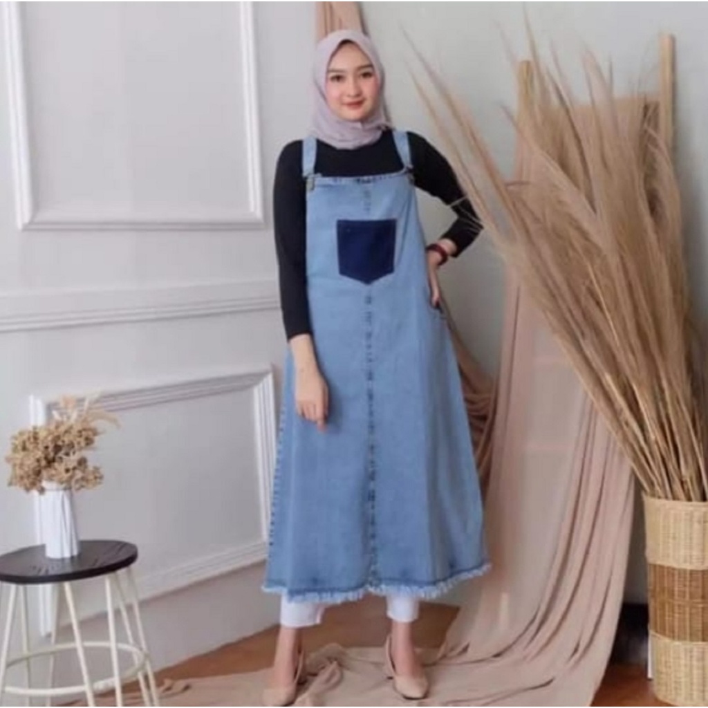 Baju Overall Dress Jumpsuit Rok Kodok Polos Panjang Bahan Jeans Lentur