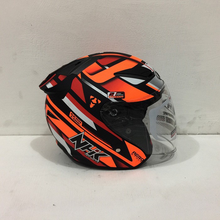 Excelent Helm NHK R1 Double Visor Motif Aero Black Orange Doff Hitam Orange Dop