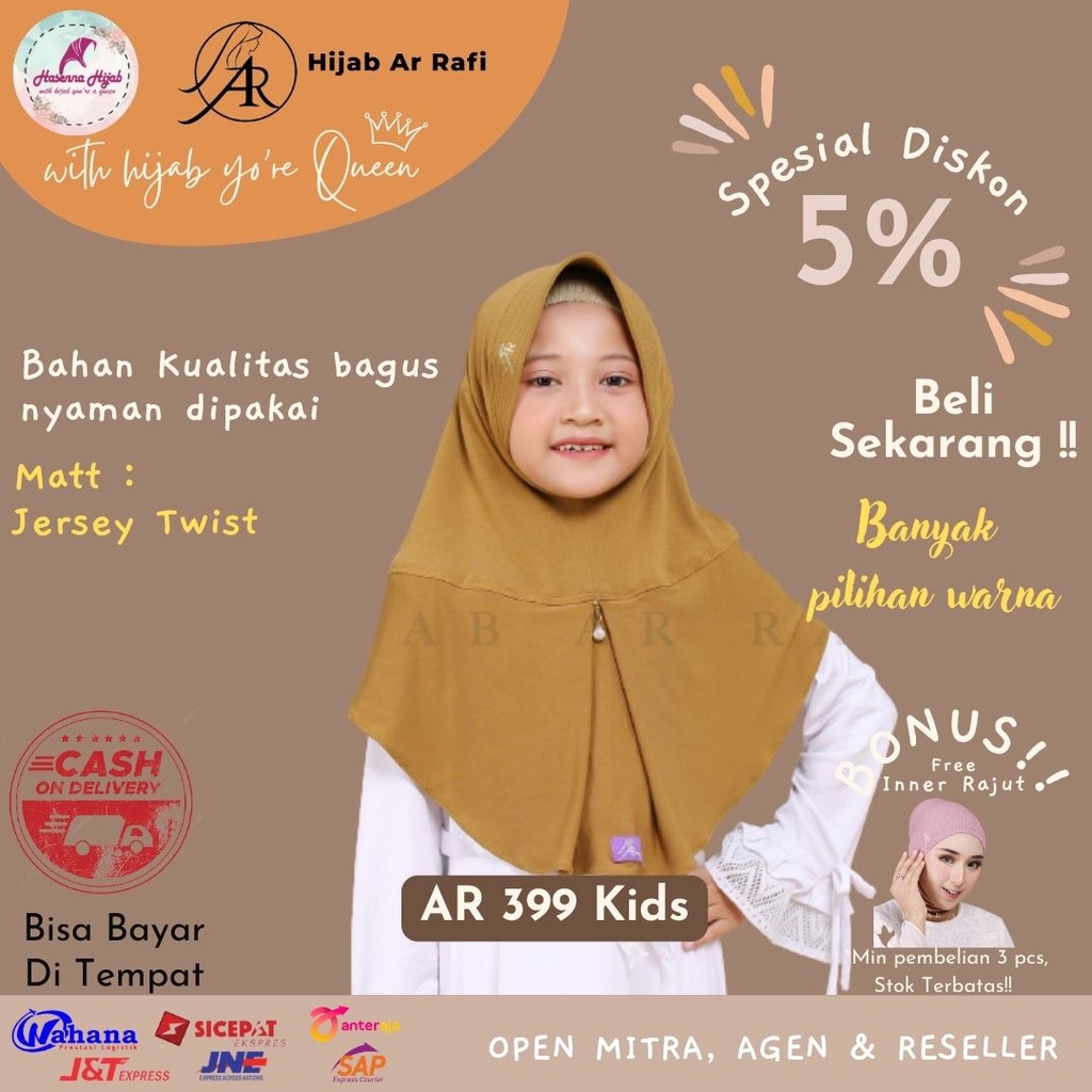 Kerudung Arrafi Hijab Anak Kids Terbaru AR 399 Medium Usia SD Variasi Mutiara Galeri Arrafi Hijab