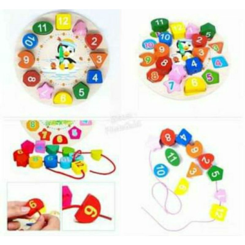 Puzzle kayu jam geometri analog digital mainan anak edukasi toys 3in1 Penguin Beaded clock mainan edukasi jam dan meronce