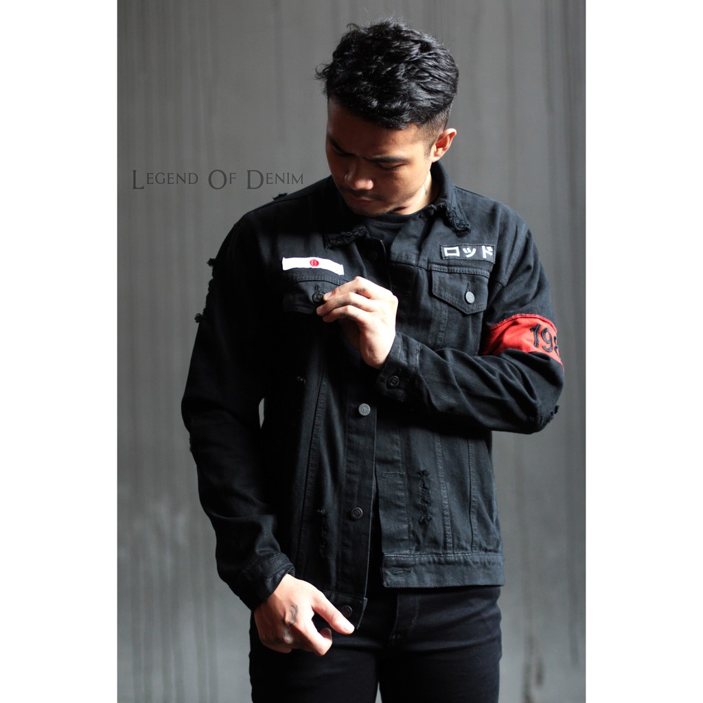jaket jeans pria - jeans sobek, jaket denim ripped japanese style super original legend of denim