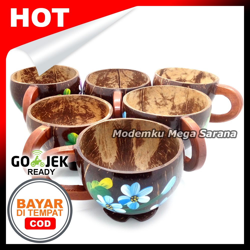 [6pcs] Gelas Cangkir Batok Kelapa - Lukis Bunga