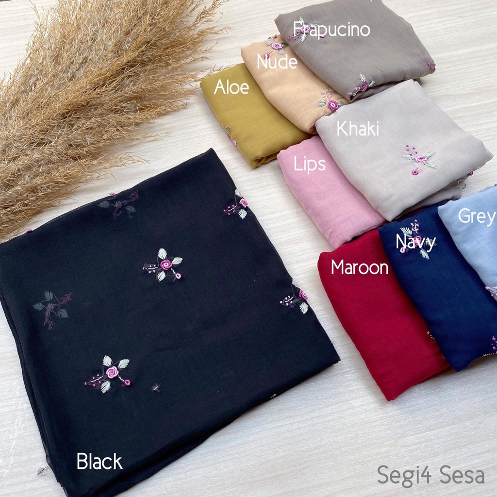 Hijab Kerudung Segiempat Jilbab Sulam Paris Ori Bunga Tulip Sesa