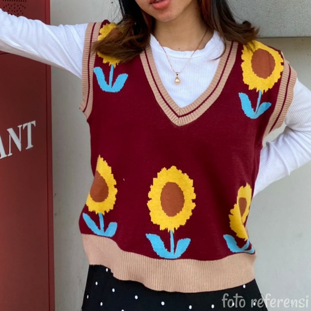 Rompi rajut motif bunga matahari gaya korea untuk wanita /sunflower vest