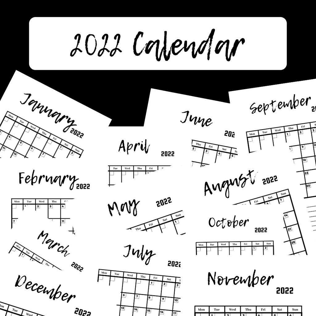 

Printable Kalender 2022 Hitam Putih / Black and White - desain simpel - simple design - pdf file - planner calendar - schedule - jadwal organizer