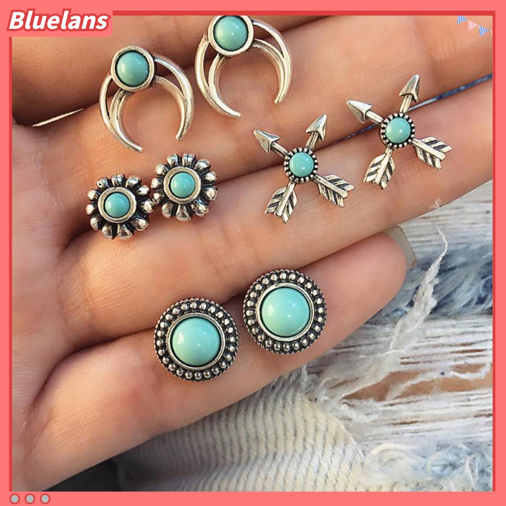 4 Pasang Anting Stud Desain Bunga Panah Turquoise Tiruan Untuk Wanita