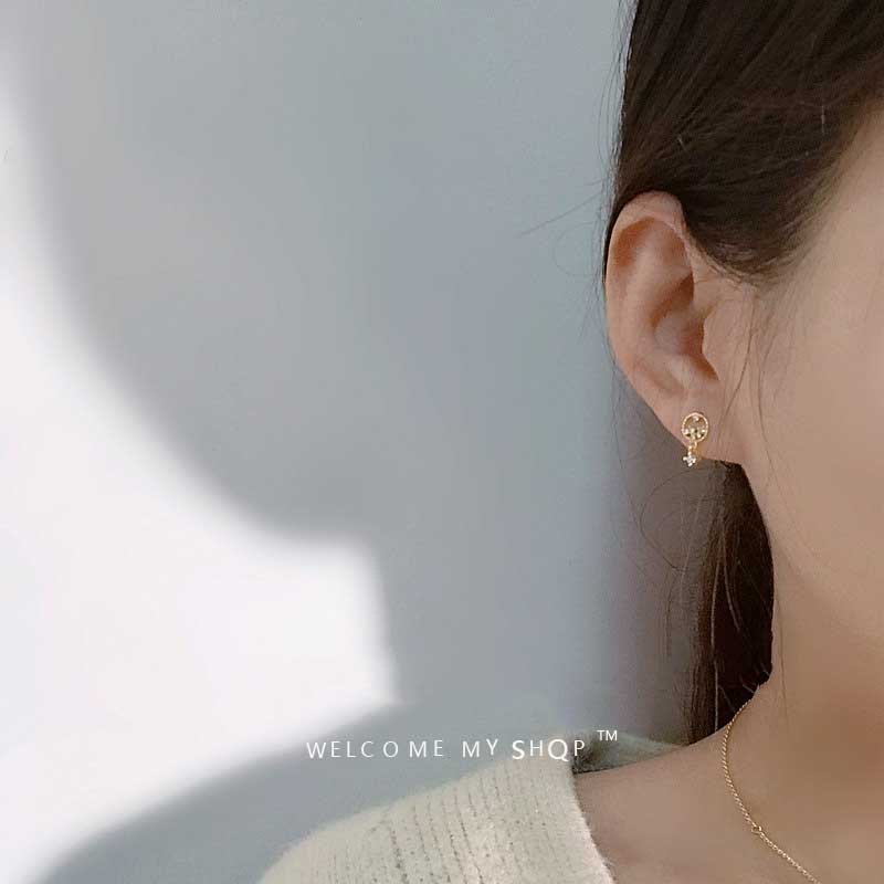 Anting Tusuk Gantung Bahan Sterling Silver 925 + Titanium Steel Hias Zircon Gaya Korea / Simple Untuk Wanita