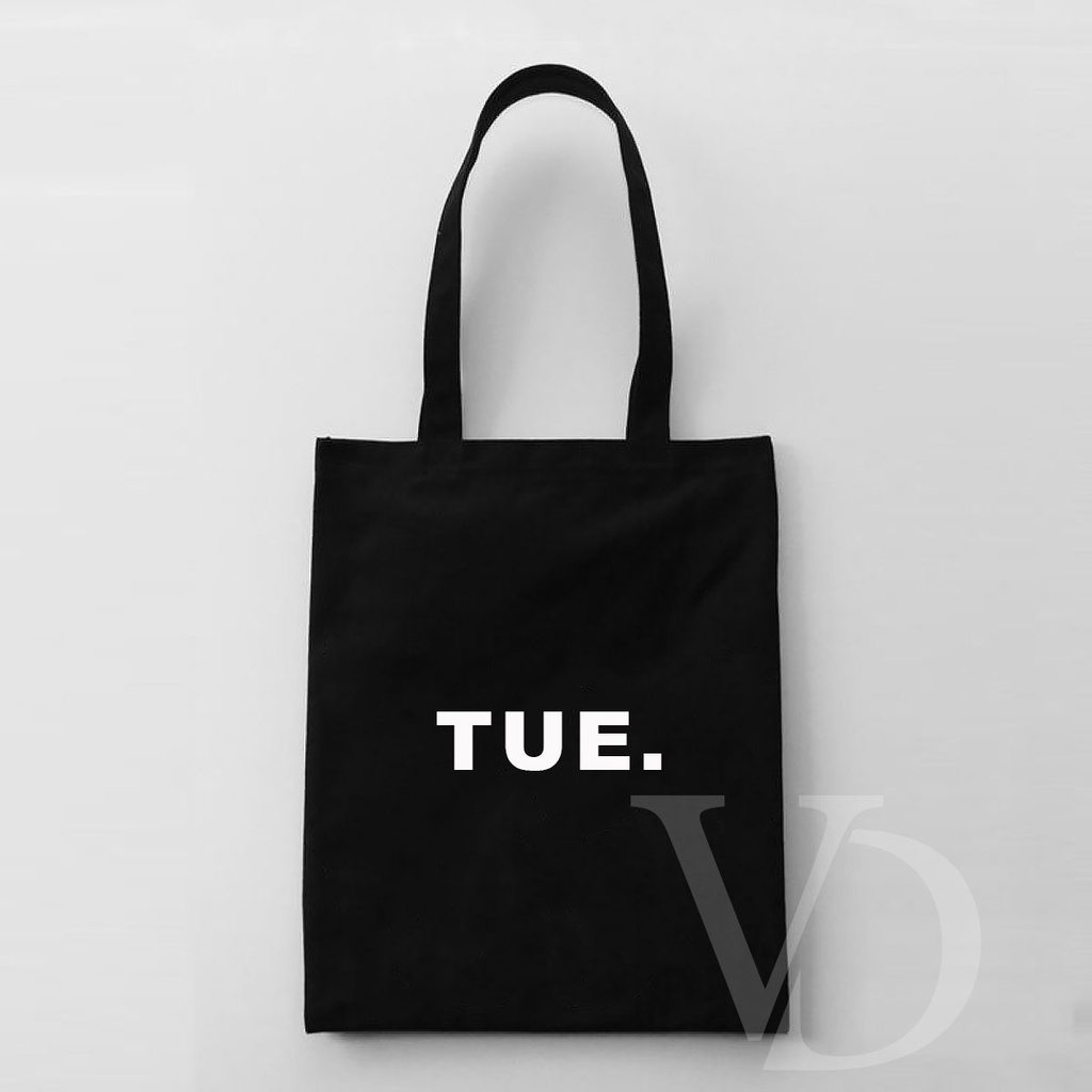 tote bag kanvas custom hitam mon tue wed thu fri sat sun / tote bag hitam quotes hari hari