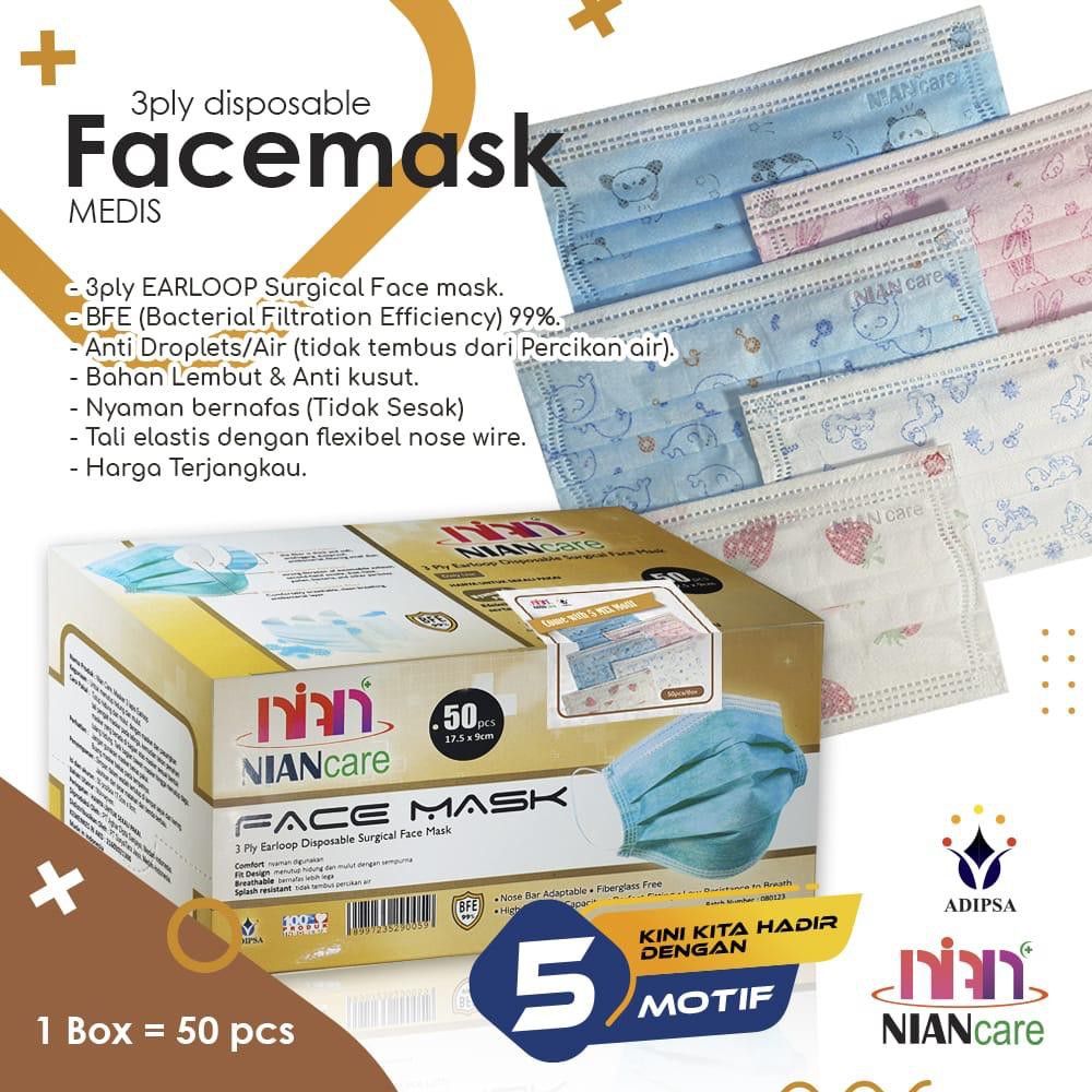 Masker Kesehatan / Masker Medis 3 Ply NIAN CARE Isi 50 Pcs (MOTIF)