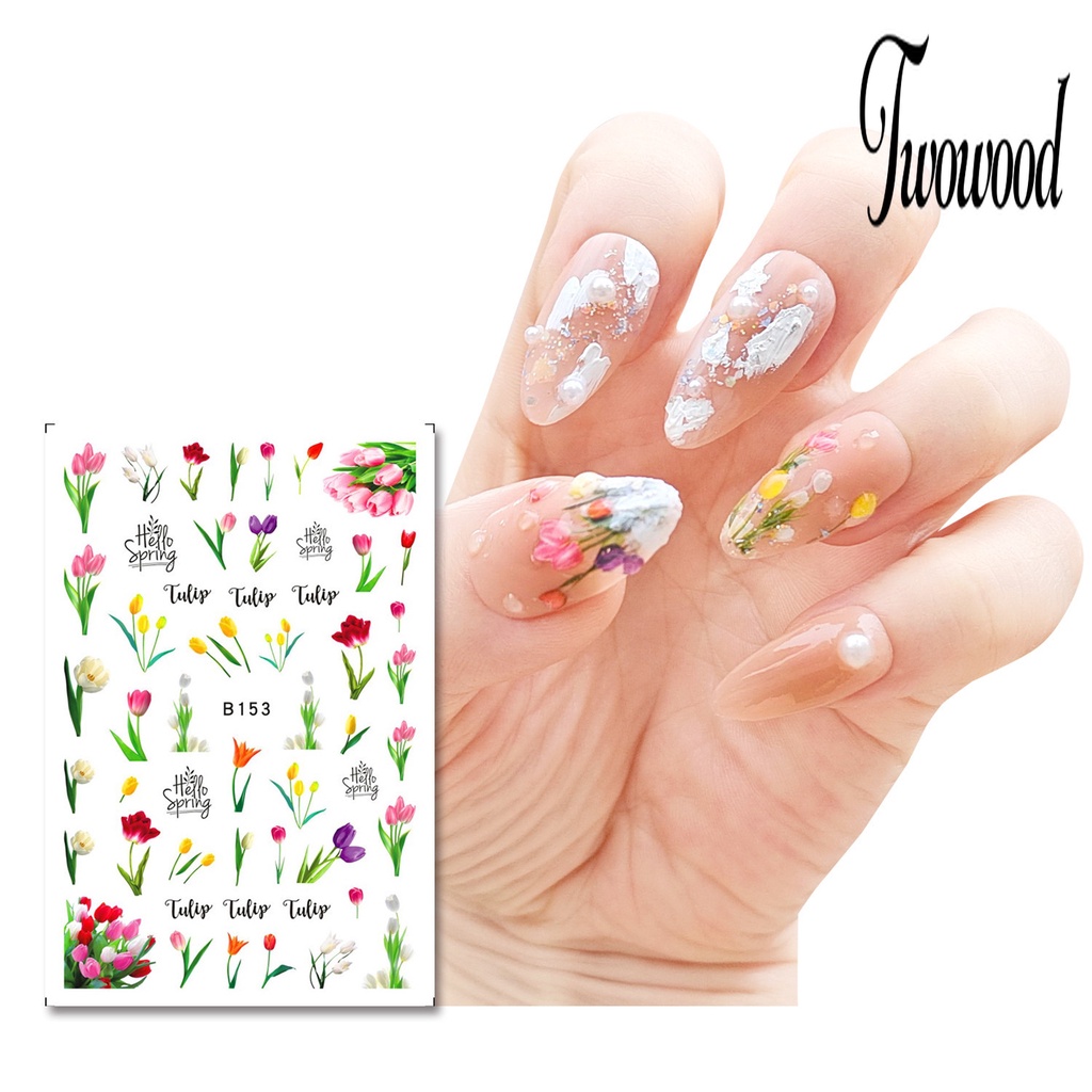 Twowood 1 Set Stiker Kuku Motif Bunga Tulip Bahan Resin Anti Air Untuk Nail Art DIY
