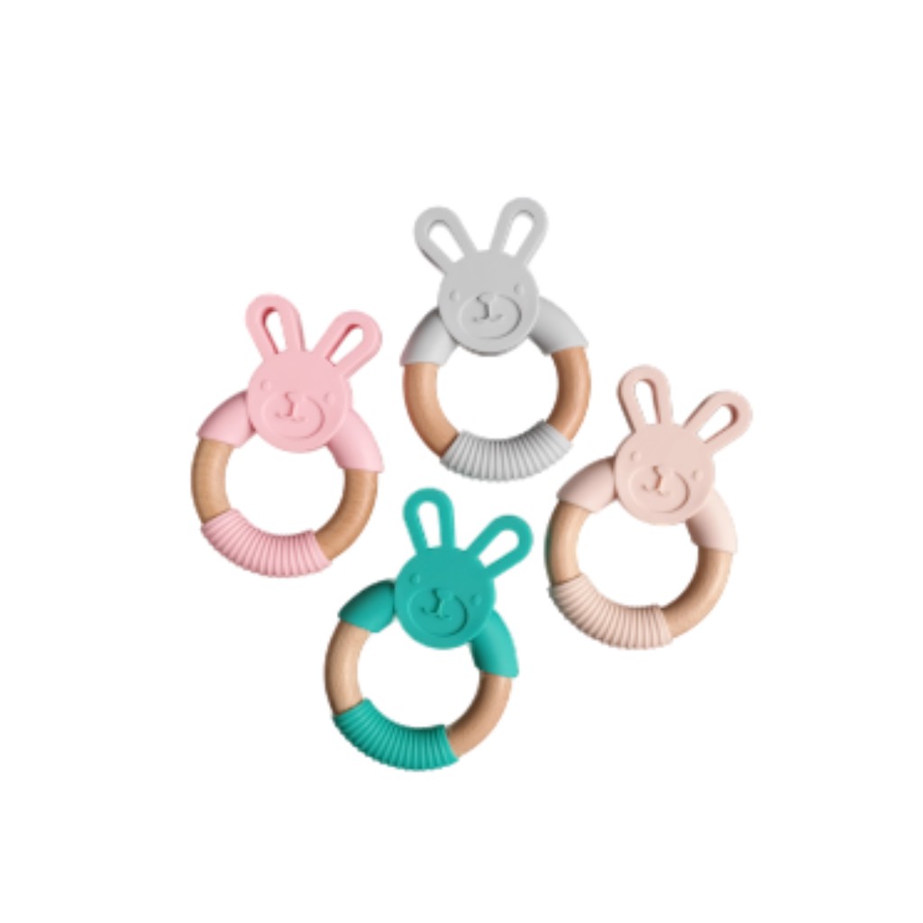 WOODEN - SILICONE BABY TEETHER BUNNY RING