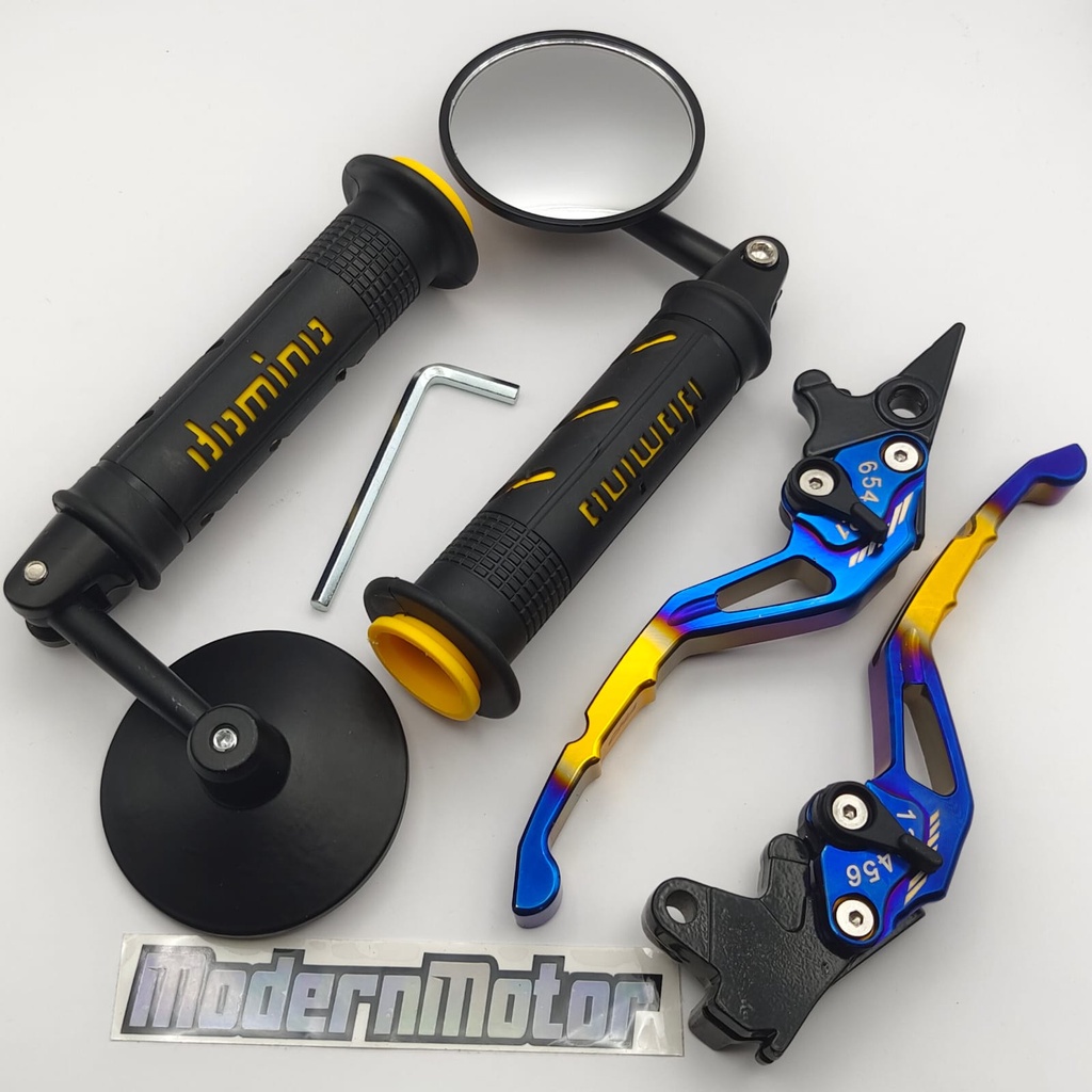 (PAKET MURAH twotone) 3in1 Spion Jalu Cembung+Handgrip Domino+Handle Variasi CNC twotone D-Tracker KLX CRF 150 Ninja 250 Ninja R Ninja RR  DTracker CBR 150 Mx-king Vario 160