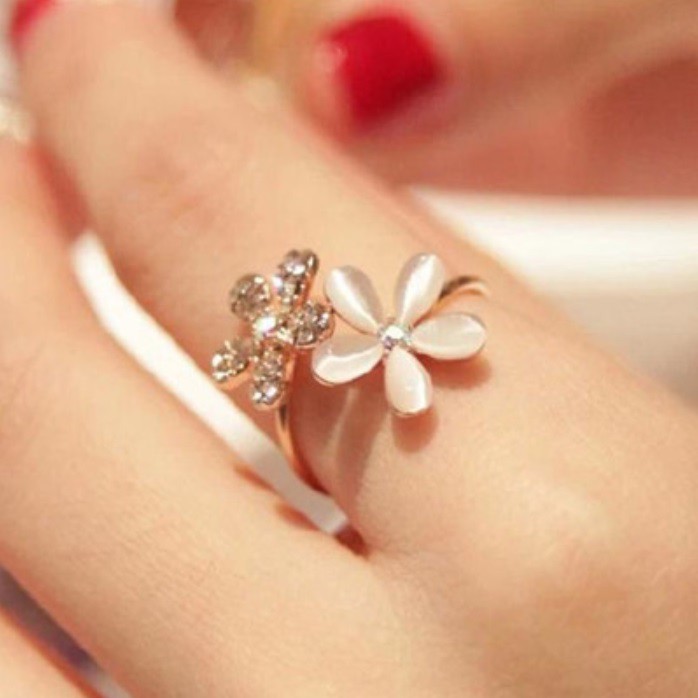 Cincin Wanita D20 TWIN DAISY Berkilau Premium High Quality Korean Style Women Ring Cewe Nuansa Pink