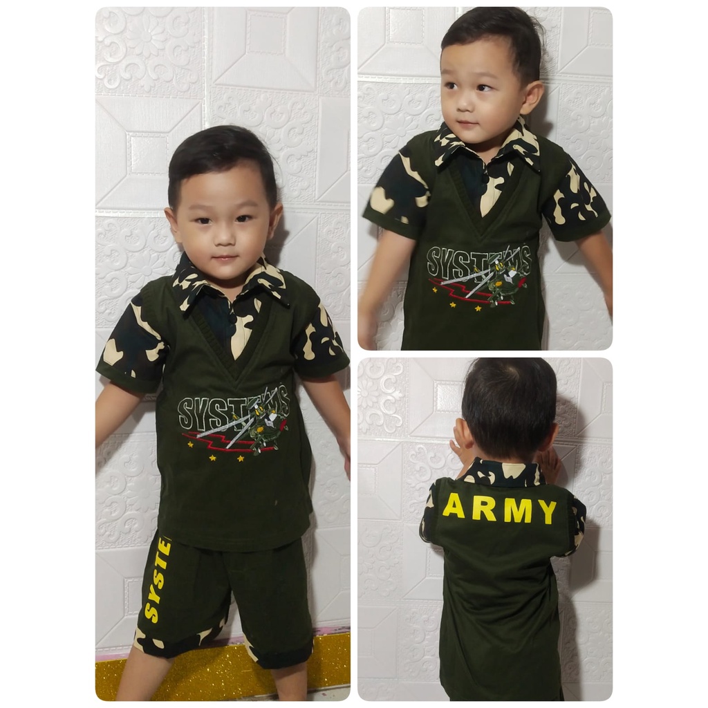 SETELAN BAJU ARMY ANAK LAKI LAKI GAMBAR BOLDIR BAHAN KATUN | SETELAN ROMPI HIJAU ARMY | SETELAN ROMP