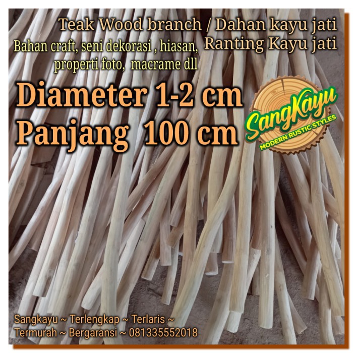 Kayu dahan kayu jati teak wood 1-2x100cm bahan macrame craft dekorasi