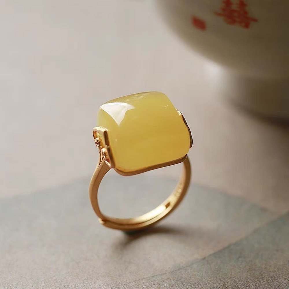 Cincin Batu Giok Hetian Model Terbuka Gaya Retro Elegan